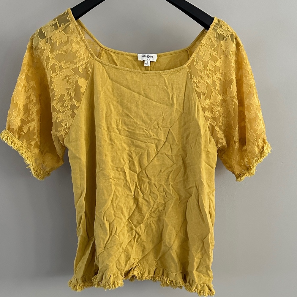 Umgee boatneck top featuring lace sleeves